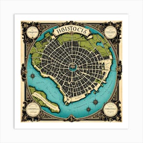 A Vintage Map, Of A Historic City With Ornate Borders And Labels art print 21 Art Print