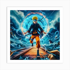 An Eye Catching Anime Style Digital Painting Featuring Naruto Unleashing Rasengan Set Against The Background Of Hidden Under The Sea And Visual Effects Like Explosions 4 Art Print