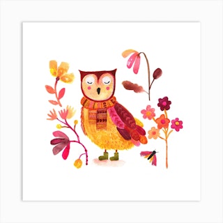 Owl With Boots White Square Art Print