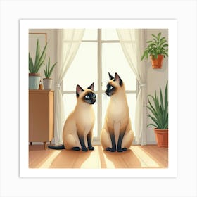 A Gentle Siamese Cat Sitting Beside Its Owner In A Tranquil Room, Watercolor 1 Art Print