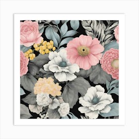 Black And White Floral Wallpaper Art Print