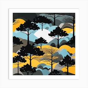 Black And Yellow Forest, Forest, sunset,   Forest bathed in the warm glow of the setting sun, forest sunset illustration, forest at sunset, sunset forest vector art, sunset, forest painting,dark forest, landscape painting, nature vector art, Forest Sunset art, trees, pines, spruces, and firs, black, blue and yellow, trees Art Print