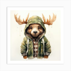 Watercolour Cartoon Moose In A Hoodie 1 Art Print