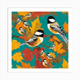 Chickadees in Autumn- maple leaves, titmouse bird, white background. Vector seamless pattern. Fall season illustration. Garden nature design, landscape art Art Print