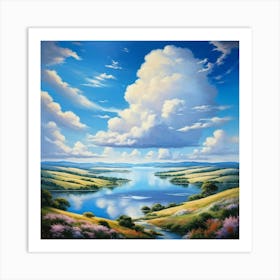 Cumulus Clouds Cotton Like In Texture Dominate The Expansive Azure Sky While A Serene Landscape Un (5) Art Print