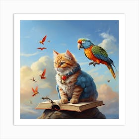 Cat And Parrot Art Print