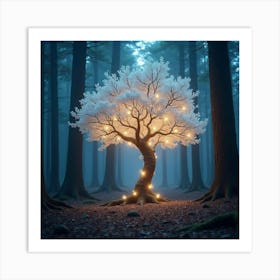 A Glowing Tree With Crystal Leaves In A Magical Forest 1 Art Print