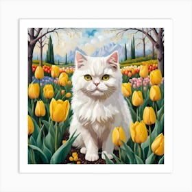 Persian Cat In Yellow Tulips Art Print