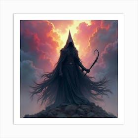 Black Magic Enchanter In A Vivid Watercolor Storm 1 Art Print