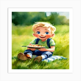 Little Boy Eating In The Grass Art Print