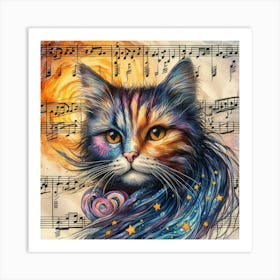 Cat On Music Sheet Art Print