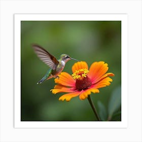 A Tiny Hummingbird Hovering Near A Bright, Colorful Flower Art Print