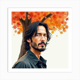 Watercolor Portrait Of Keanu Reeves Under A Vibrant Autumn Tree Art Print