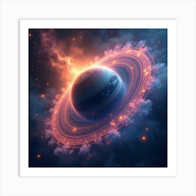 Watercolor Glowing Rings Surrounding A Planet With Colorful Nebulae Nearby 1 Art Print