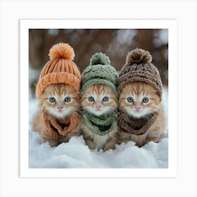 Three Orange Tabby Kittens In Knitted Winter Accessories On Snow Art Print