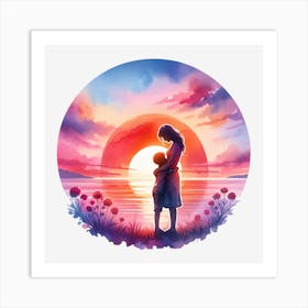 Mother And Child At Sunset Art Print