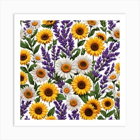 Sunflowers And Lavender Seamless Pattern Art Print