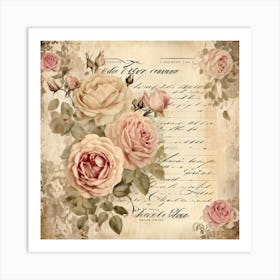 Bouquet Of Vintage Roses Illustration For Romantic Invitation Cards And Love Letters Detailed Sepi Art Print