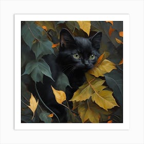 Black Cat In Autumn Leaves Art Print