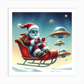 Alien Santa Claus In Sleigh with Ufos Art Print