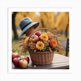 Photo An Autumn Flower Arrangement In A Basket Is On The Table Next To A Hat And Apples 2 Art Print