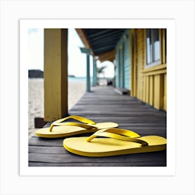 Yellow Flip Flops On The Beach Art Print