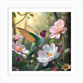 Whimsical Hummingbird With Rainbow Feathers Hovering Near Giant Pastel Flowers In An Enchanted Forest 1 Art Print