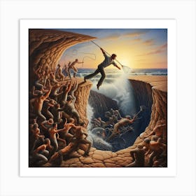 Man Jumping Out Of A Cave Art Print