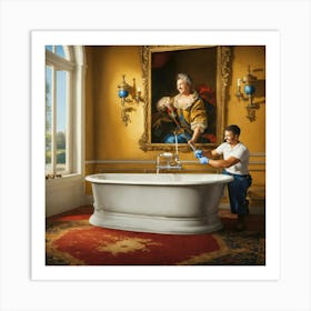 A Happy Plumber Installing Faucet Painting Baroque Art Print