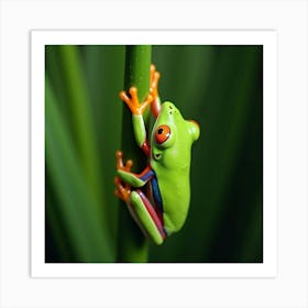 A Vibrant Green Tree Frog Clinging To A Leaf 2 Art Print