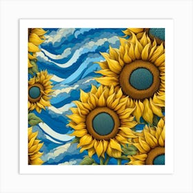 Sunflowers On A Blue Background Art Print