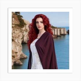 goddess from the future, dark red hair, dark blue eyes, ancient style, model, full body, portrait, 8k resolution, linen outfit, hyperdetailed, greg rutkowski, ancient Greek temple near the sea background Art Print