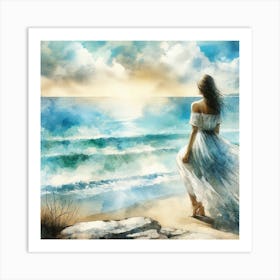 Watercolor Of A Woman On The Beach Art Print