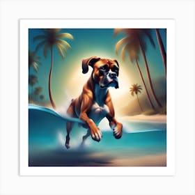 A dog boxer swimming in beach and palm trees 9 Art Print