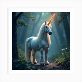 Majestic Unicorn With A Glowing Horn, In Enchanted Forest Art Print