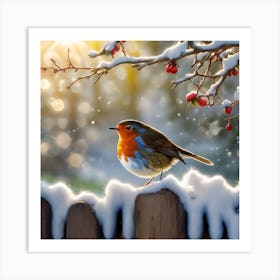 Winter Robin on the Garden Fence Art Print