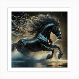 Black Horse Running In Water 1 Art Print