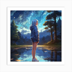 Anime Girl Looking At The Night Sky Art Print