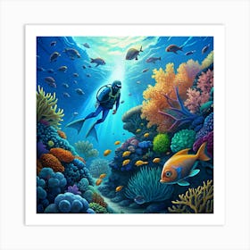 Scuba Diver Exploring A Vibrant Coral Reef 1 Art Print