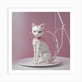 Porcelain And Hammered Matt Hot Pink Cat Android Marionette Showing Cracked Inner Working, Tiny Whit Art Print