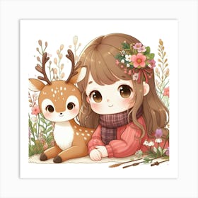 Cute Girl And Deer Art Print