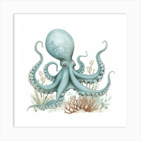 Storybook Style Octopus With Fish & Aqua Marine Plants 3 Art Print