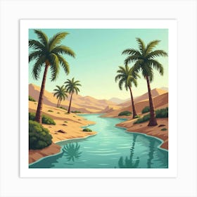 Serene Oasis In The Desert With Palm Trees, Clear Water, And Sand Dunes 1 Art Print