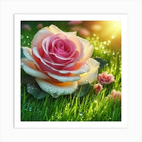 Pink Rose On Green Grass Art Print