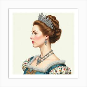 Watercolor Portrait Of Queen Elizabeth I, Intricate Details, Elegant Attire 1 Art Print