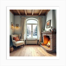 An English Home With A Cozy Fireplace And A Winter Landscape Outside, Watercolor 1 Art Print