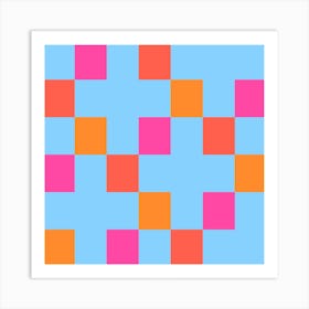 Checker Blue Pink Orange Square Art Print