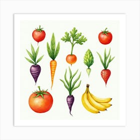 Colorful Veggies And Fruits Displayed In A Delicate Watercolor Setting 1 Art Print