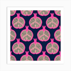 POMEGRANATES Fresh Ripe Plump Fruit in Fuchsia Hot Pink Sand on Midnight Blue Art Print