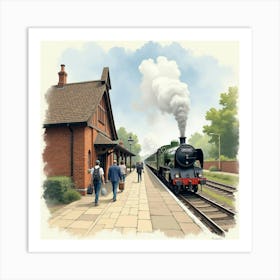 Watercolor View Of An English Historic Railway Station With Travelers Arriving 1 Art Print